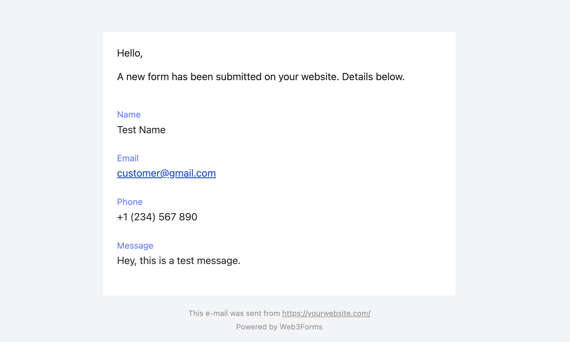 Sample Email from Web3Forms